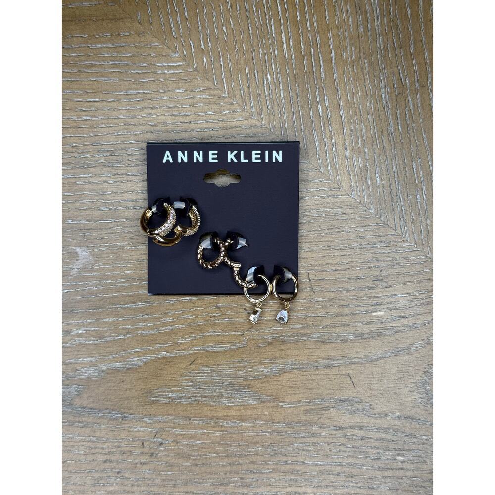 Anne Klein 3 Pair Gold Hoop Earrings Set CZ Textured & Charm Hoops